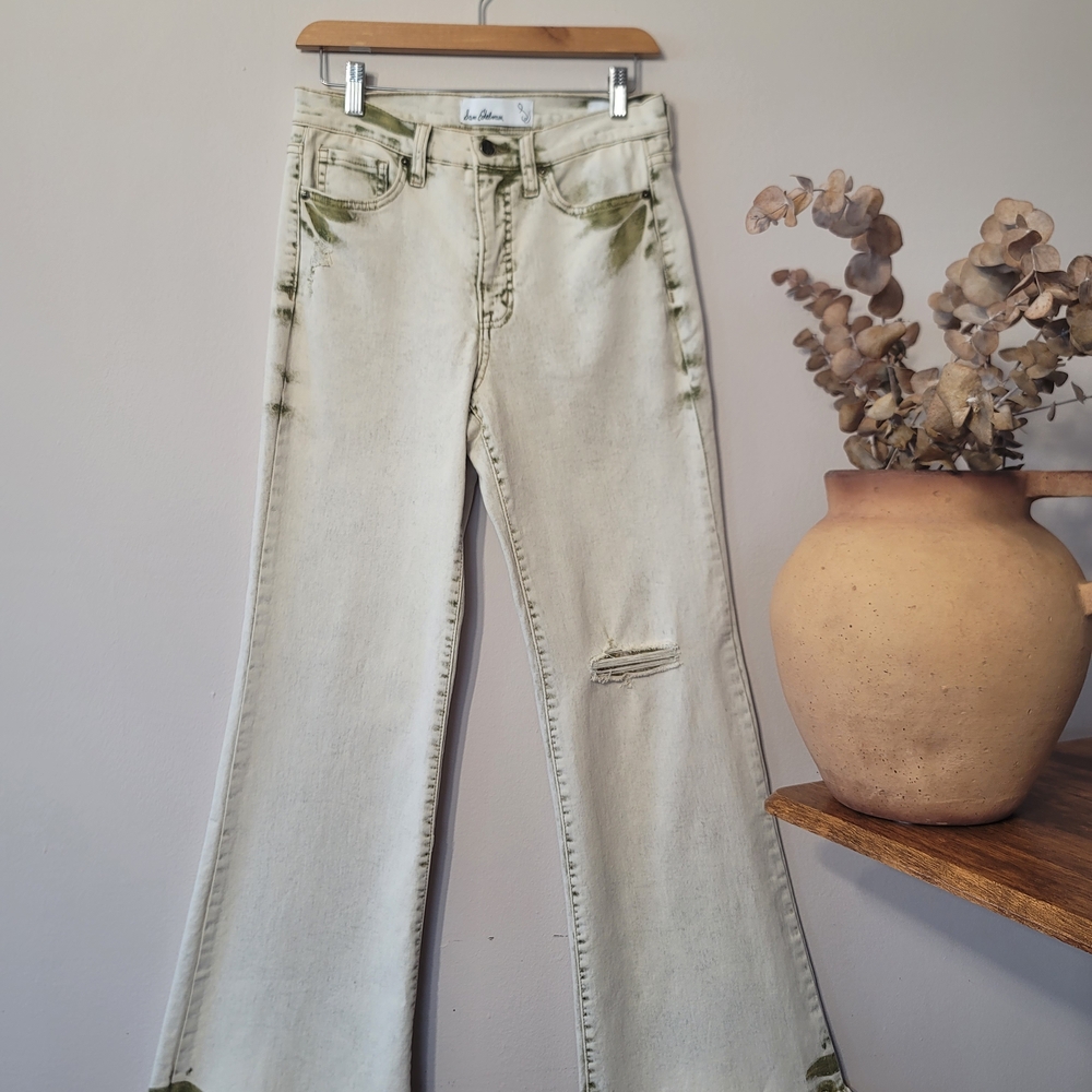 Sam Edelman Bay Flare Jeans Moss Green & Sand Cotton Sz 28 Grunge Minimal Boho